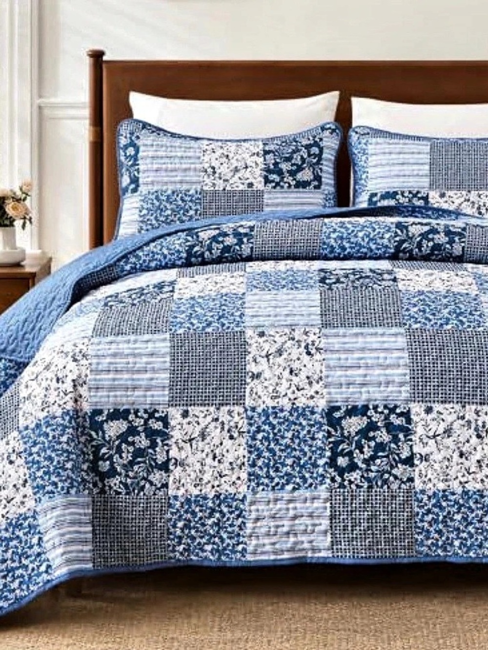 Blue & White Patchwork Microfiber Comforter Set